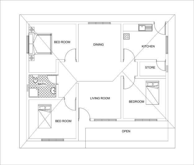 three bed room 3D house plan with dwg cad plan from dwg net .com