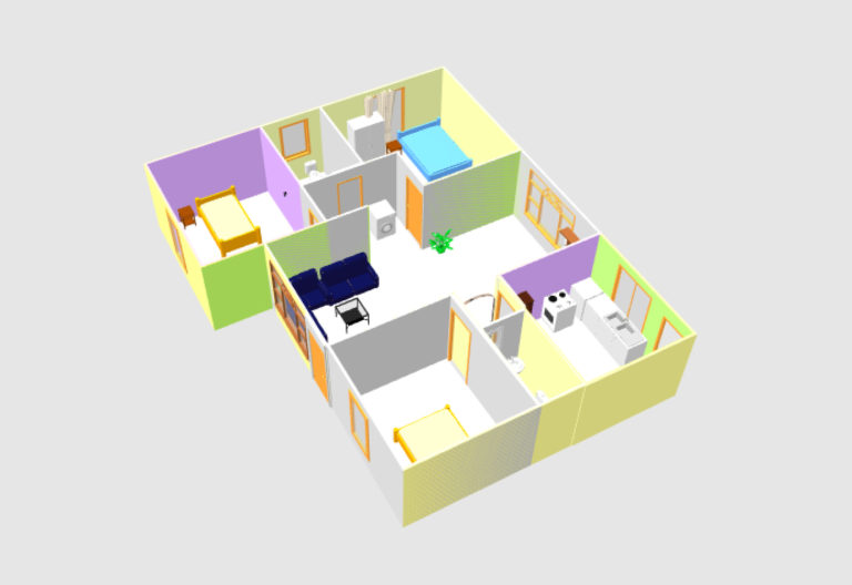 Three bed room 3D house plan with dwg cad file free download