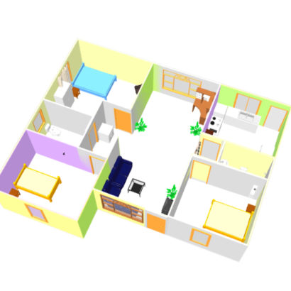 Three bed room 3D house plan with dwg cad file free download