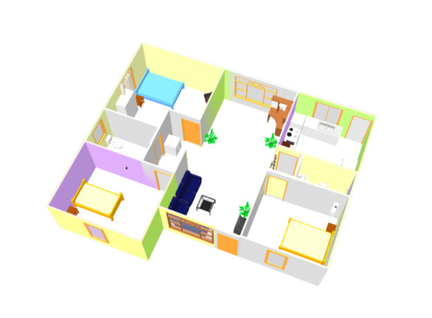 Three bed room 3D house plan with dwg cad file free download