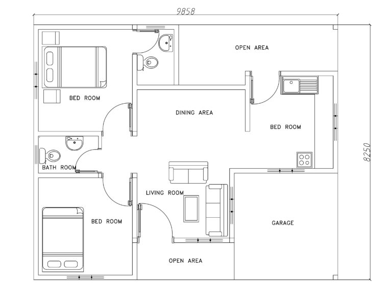 Two bedrooms modern house plan - DWG NET | Cad Blocks and House Plans